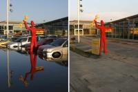 A combination file photo shows cars in front of a flooded dealership in Fischerdorf a suburb of the eastern Bavarian city of Deggendorf on June 7 2013 and on June 22 2013 after the waters of the nearby Danube river subsided. Floods in central Europe last month may cost insurance companies $3.5-4.5 billion only half of one previous estimate but more than was paid out for the last major washout in 2002 the world's second biggest reinsurer Swiss Re said on July 8 2013.  REUTERS/Wolfgang Rattay/Files    (GERMANY - Tags: DISASTER TRANSPORT)
