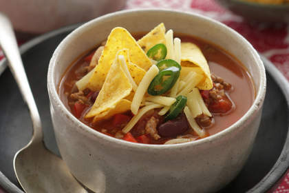 Chilli bean soup with corn chips.