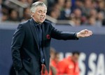 Paris Saint Germain's Italian Carlo Ancelotti reacts during a League One soccer match against Toulouse at Parc des Princes stadium in Paris, Friday, Sept. 14, 2012. Paris Saint Germain won 2-0.