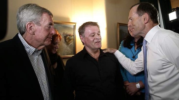 Opposition Opposition Leader Tony Abbott meets Bali bombing survivors Paul Anicich, left, and Peter Hughes, centre.