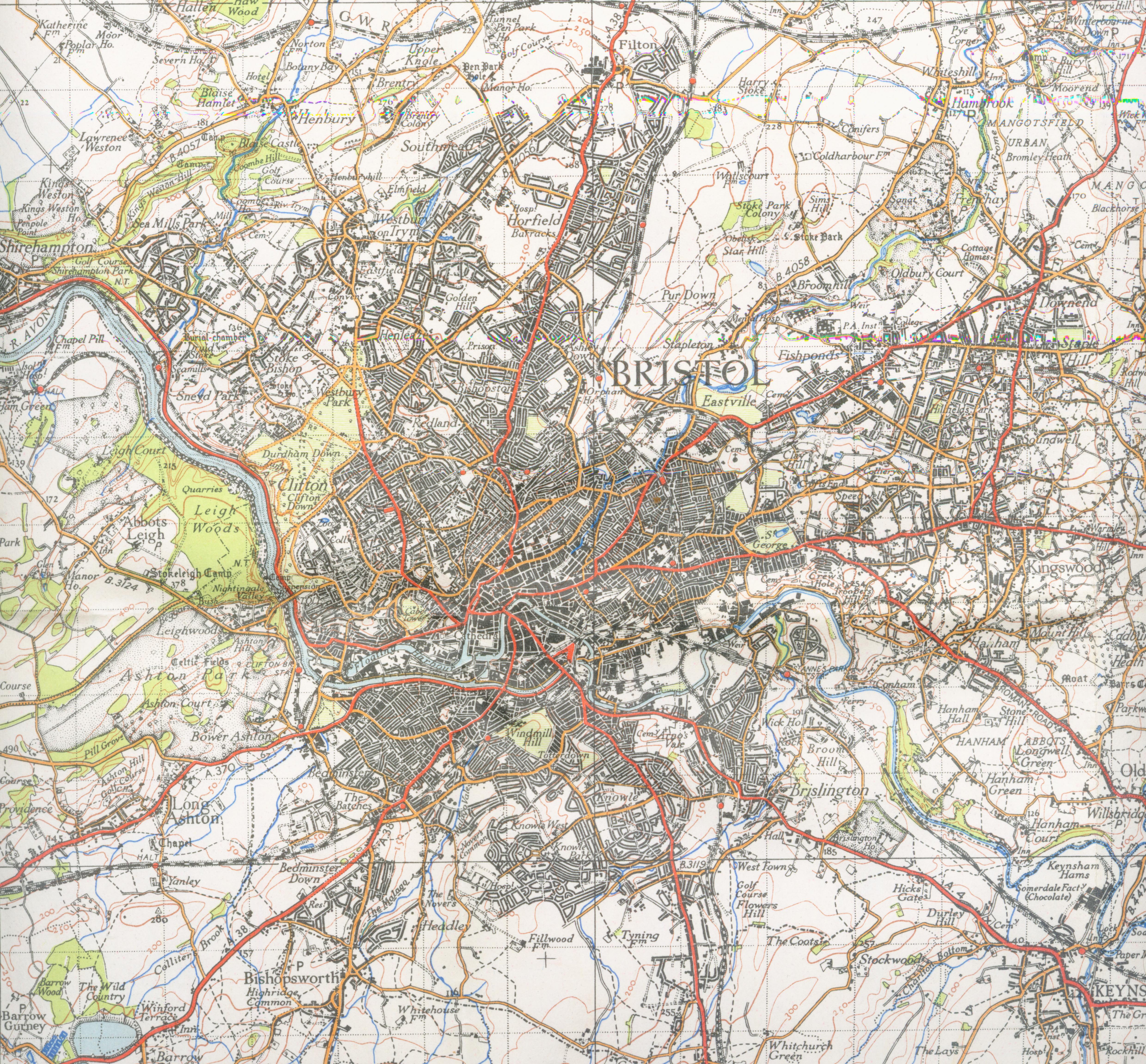 An old ordnance survey map of Bristol, showing roads, railways, rivers and contours.