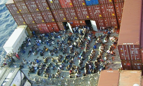 Refugees on board the Norwegian cargo ship Tampa.