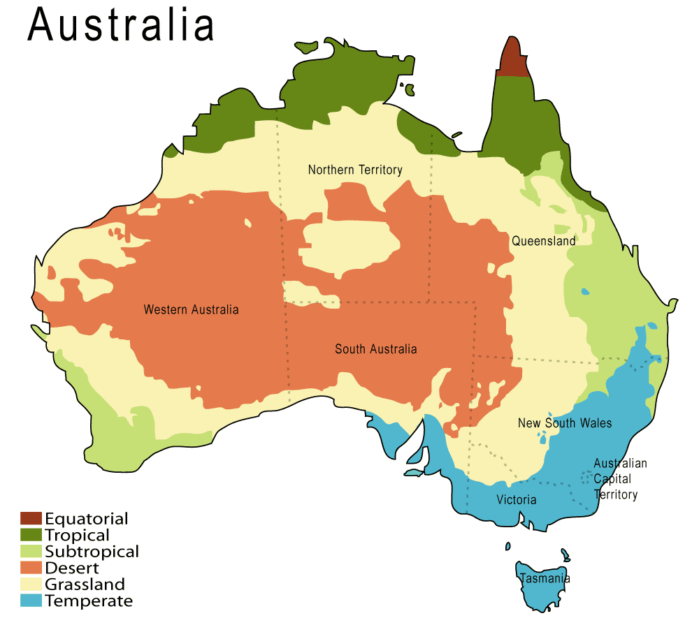 Australia divided into different colours indicating its climatic zones