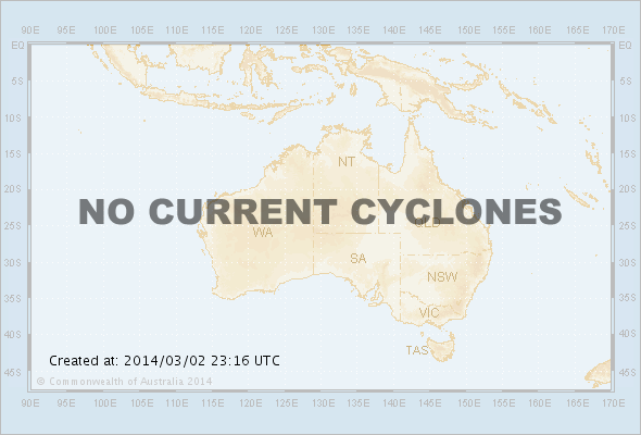 Map of Australian region showing the location of any current active tropical cyclones