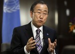 United Nations Secretary Gen. Ban Ki-moon responds to questions during a news interview