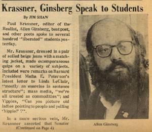 Ginsberg, Krassner news clip re speaking on campus