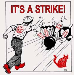 IWW bowling sticker, 'It's a Strike!'; source www.iww.org