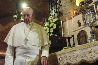 Pope Francis stands in front of the tomb of Saint Francis during his pastoral visit in Assisi October 4, 2013. Pope Francis visited Assisi, the Italian town that was home to his namesake St. Francis of Assisi. Pope Francis took his name from the saint who is revered around the world as a symbol of austerity, simplicity, concern for the poor and a love of the environment. REUTERS/Gian Matteo Crocchioni/Pool  (ITALY - Tags: RELIGION)