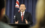 Opposition Liberal Party leader Tony Abbott speaks during a press conference in Canberra, Australia, Wednesday, Sept. 1, 2010. Labor Party now would need an additional three seats to form a minority government, as would the conservative coalition, but Labor controls the caretaker administration in the meantime under Prime Minister Julia Gillard.