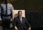 Mohammed Morsi, President of Egypt, waits to address the 67th session of the United Nations General Assembly at U.N. headquarters