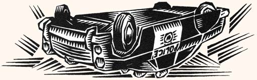 gravure de Clifford Harper : voiture de police renverse