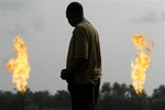 An unidentified man stands near a gas flare belonging to the Agip Oil company in Idu Ogba, Niger Delta area of Nigeria, Wednesday, Feb. 1, 2006. OPEC and the European Union agreed in Vienna Wednesday to maintain a close "energy dialogue," stressing the importance of working together to help stabilize and secure the world's oil markets. Edmund Daukoru, Nigeria's oil minister and president of the Organization of Petroleum Exporting Countries, met with Martin Bartenstein, the energy minister of Austria, which holds the EU's rotating presidency. In a statement, the EU presidency said both reaffirmed the need to stay in close touch on energy issues.