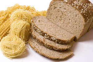 Bread and raw pasta and spaghetti.