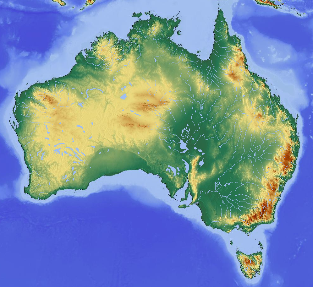 Map showing the topography of Australia, showing a some elevation in the west and very high elevation in mountains in the southeast