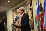 File - U.S. Secretary of State John Kerry addresses the press after the P5+1 Ministerial on Iran in New York City on September 26, 2013.