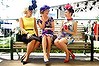 The Caulfield Cup fashions on the field. Jodie Dowie, Melissa Buchanan and Demetra Diorietes waiting for their heat in fashions on the field.