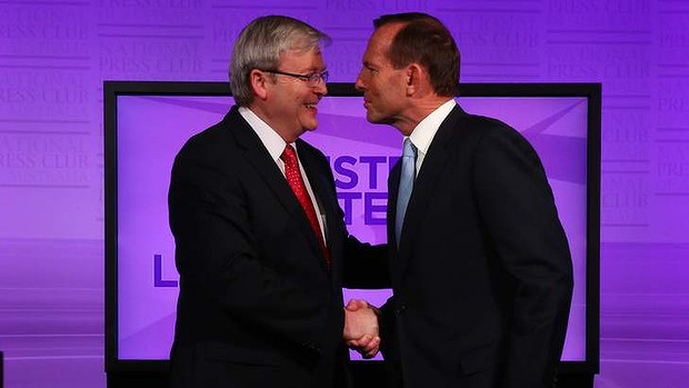 Prime Minister Kevin Rudd and Opposition leader Tony Abbott at the commencement of the debate.