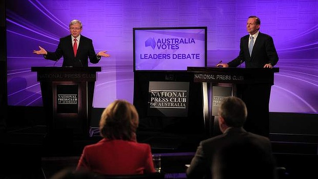 Prime Minister Kevin Rudd and Opposition leader Tony Abbott during the leaders' debate in Canberra on Sunday.