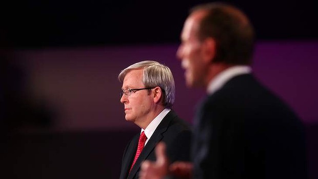 Prime Minister Kevin Rudd and Opposition leader Tony Abbott during the leaders' debate in Canberra on Sunday.