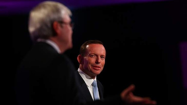 Prime Minister Kevin Rudd and Opposition leader Tony Abbott during the leaders' debate in Canberra on Sunday.