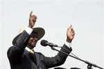 In this photo of Monday Nov 8, 2010, President Yoweri Museveni  of Uganda Sing his popular song at Otwal primary school in Lira District, Uganda. He's 65, he's been president for two decades, and he's Uganda's newest rap star. Facing a February election, President Yoweri Museveni  has released a rap song and video that's become a sensation in this East African nation. Supporters at a rally in northern Uganda last week called for Museveni to peform the hit. Museveni chuckled, then cleared his throat and started to rap. "You want another rap?" Museveni sang, quoting the chorus and the song's name. Supporters danced wildly.