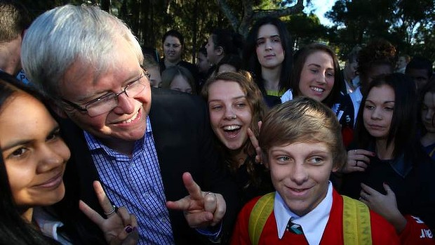 Prime Minister Kevin Rudd attends a rally at Nyanda High School in Brisbane on Tuesday.