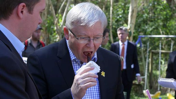 Prime Minister Kevin Rudd visits a family home in Burpengary on the Sunshine Coast for a backyard BBQ on Wednesday.