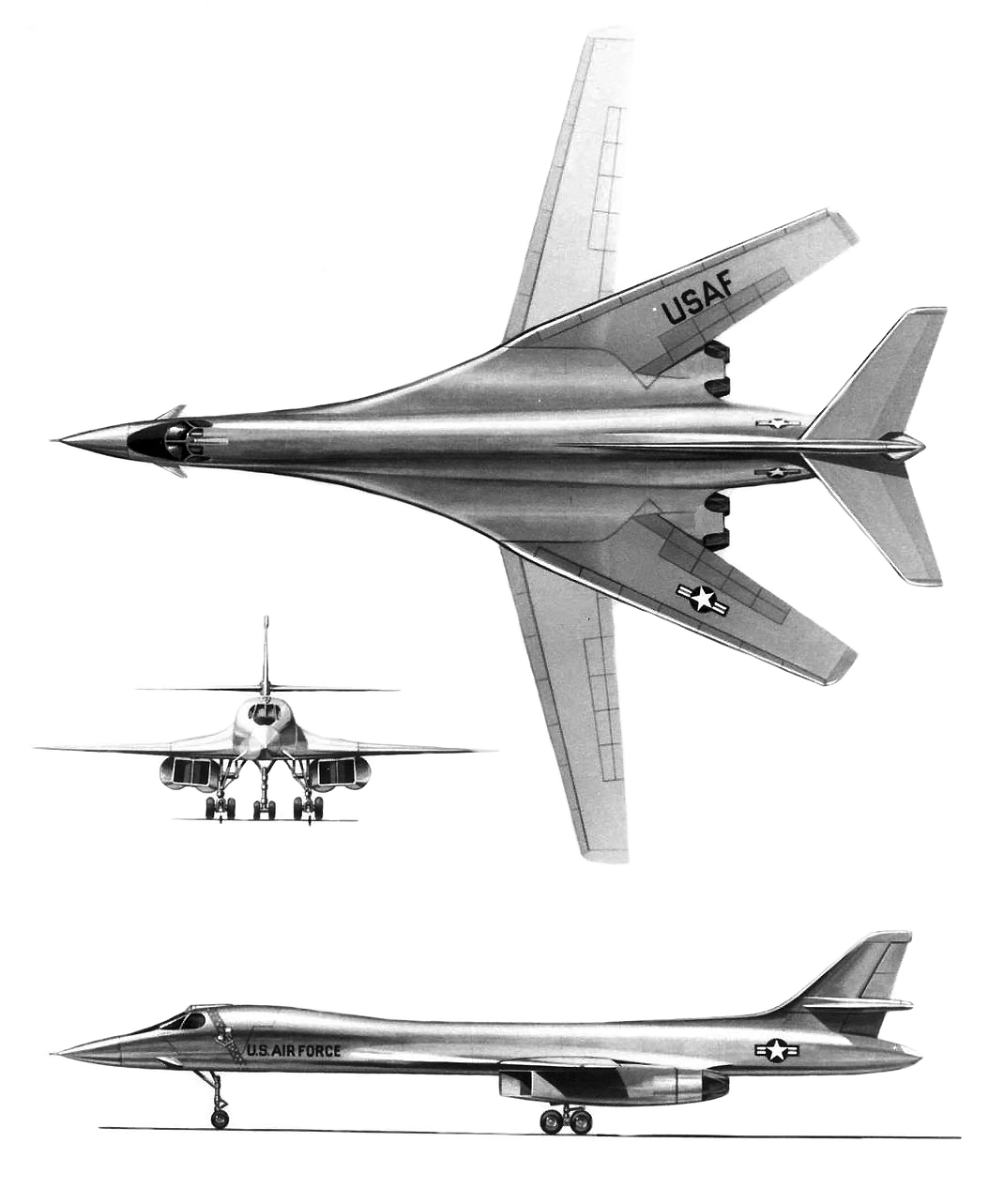 Three sketched diagrams showing the front, top and side views of the B-1. The top view, in particular, shows the maximum sweep angles of the wings