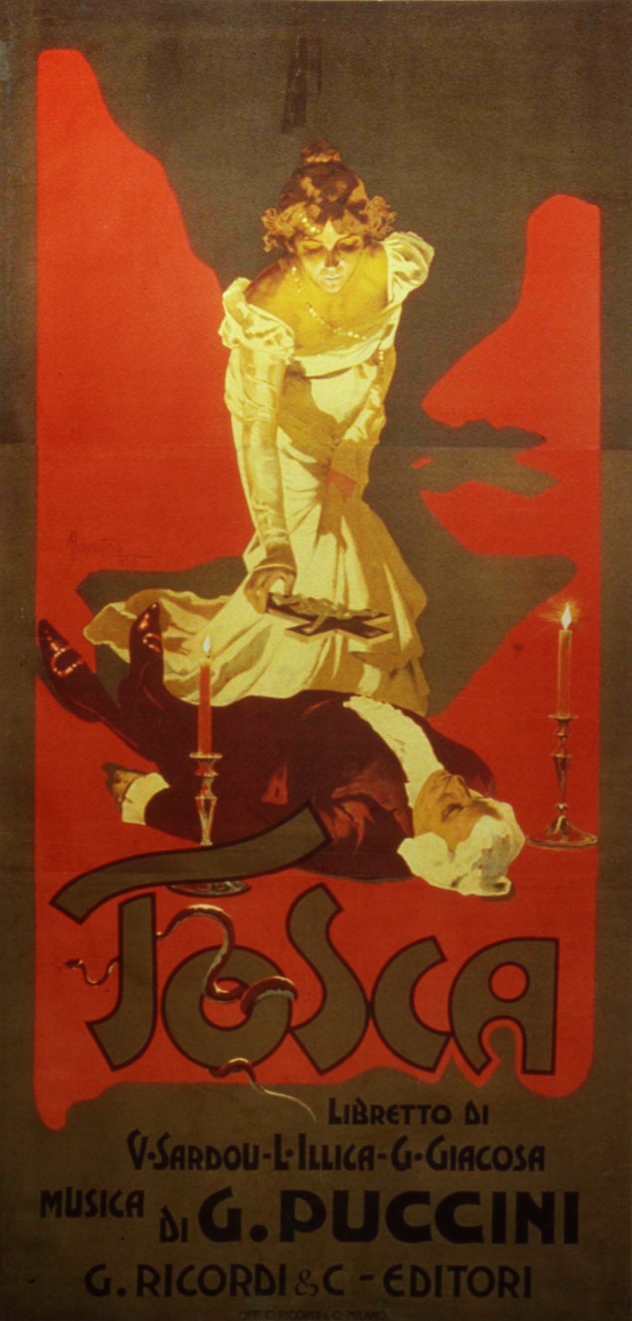  Stylised drawing showing Tosca standing over Scarpia's body, about to lay a crucifix on his chest. The text reads: "Tosca: libretto di V Sardou, L Illica, G Giacosa. Musica di G Puccini. Riccardi & C. editori"