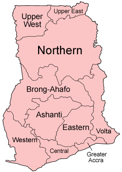 A clickable map of Ghana exhibiting its ten regions.