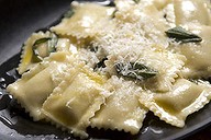 Truffle ricotta ravioli with sage burnt butter.