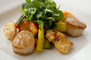 Marinated scallops and calamari with vegetable achar.