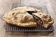 Sweet potato and Swiss chard pie with olive oil pastry.