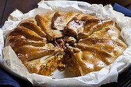 Pumpkin and feta pie with olive-oil pastry.