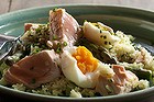 Spring pilaf with asparagus, salmon and egg.