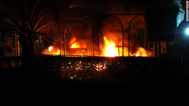 A vehicle burns during the attack Tuesday on the U.S. Consulate in Benghazi on September 11.