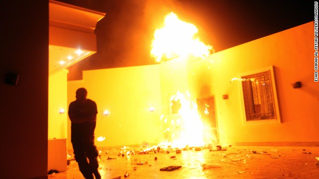 Flames erupt outside of a building in the U.S. consulate compound on September 11.