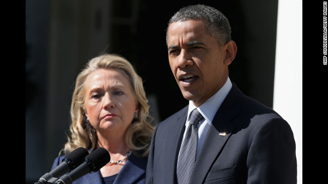 U.S. President Barack Obama makes a statement about the death of Ambassador Chris Stevens with Secretary of State Hillary Clinton in the Rose Garden at the White House on September 12 in Washington. 