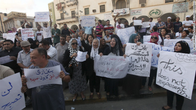 Demonstrators on September 12 gather in Libya to condemn the killers and voice support for the victims in the attack on the U.S. Consulate. 