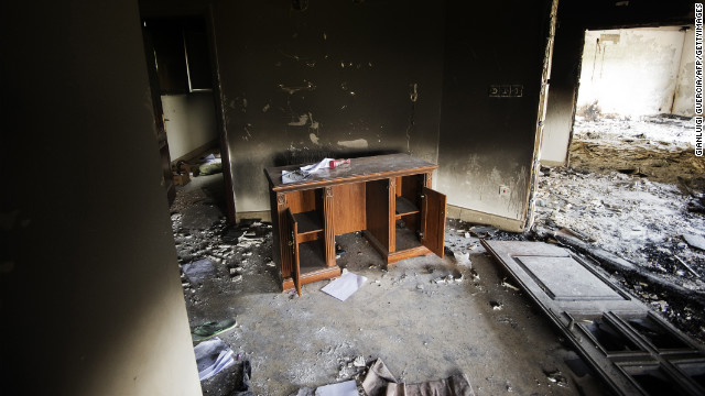 A desk inside the burnt U.S. Consulate building in Benghazi, Libya, on September 13, two days after the attack.