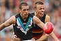 Nathan van Berlo of the Crows competes for the ball with Travis Boak of the Power.