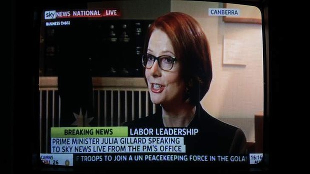 Prime Minister Julia Gillard appearing on Sky to announce a leadership ballot at 7pm tonight.