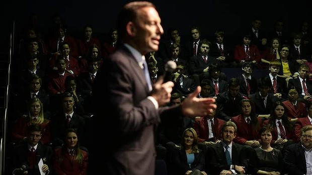 Opposition leader Tony Abbott at the Penrith Christian School in Sydney  on Thursday.