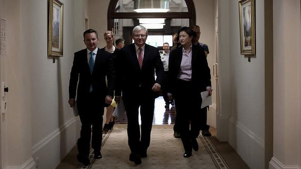 Prime Minister Kevin Rudd with Senator Penny Wong and Treasurer Chris Bowen in Melbourne on Thursday.