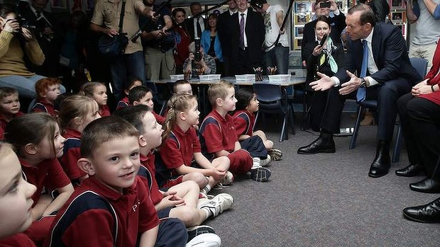 Opposition leader Tony Abbott visits the Penrith Christian School in Sydney on Thursday.