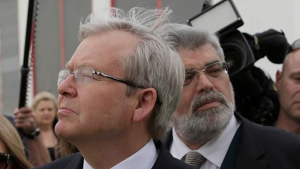 Prime Minister Kevin Rudd and Senator Kim Carr at the Williamstown ship yards in Melbourne on Thursday.