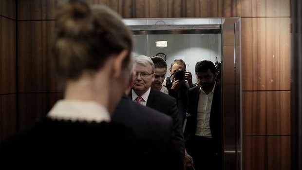 Prime Minister Kevin Rudd enters a lift before a press conference in Melbourne on Thursday.