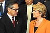 Indonesia's Foreign Minister Marty Natalegawa (L) chats to Australia's Foreign Minister Julie Bishop (R) after the opening of the Bali Democracy Forum in Nusa Dua on Indonesia's resort island of Bali on November 7, 2013. Leaders and ministers have gathered for the first day of the forum, taking place November 7-8.        AFP PHOTO / SONNY TUMBELAKA