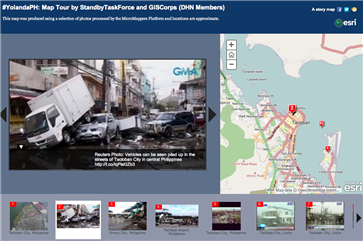 Through MicroMappers ImageClicker, volunteers rate the level of damage they see in each image posted to social media. Those that are tagged as “Mild” and “Severe” damage are geolocated by members of the Standby Volunteer Task Force (SBTF) who have partnered with GISCorps and ESRI to create this live Crisis Map used by the United Nations. 