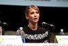 Jennifer Lawrence speaking at the 2013 San Diego Comic Con International, for "The Hunger Games: Catching Fire", at the San Diego Convention Center in San Diego, California.